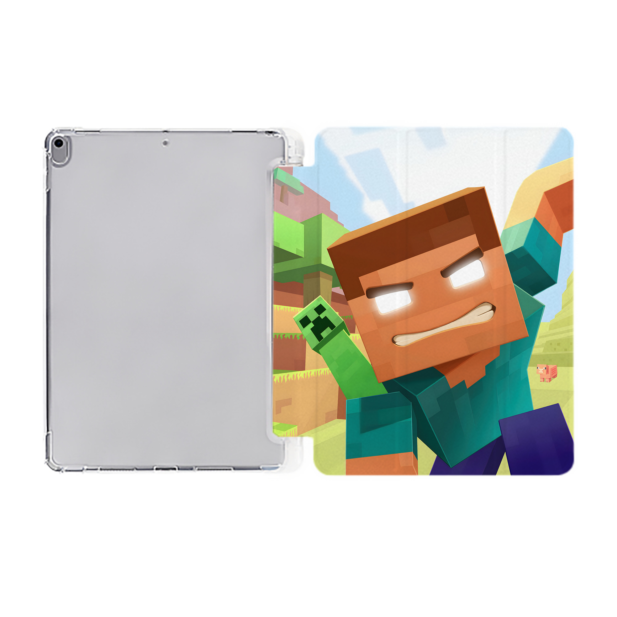 （画像用） マインクラフト ブロックの世界 Minecraft MC Block world IPad ケース ペン収納付き 三つ折りスタンド PUレザー×シリコン 対応機種9.5/10.5/10.9インチ